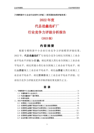 [专精特新]代县进鑫选矿厂行业竞争力评级分析报告(2023版)