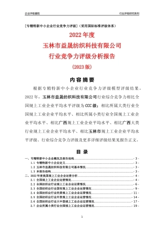 [专精特新]玉林市益晟纺织科技有限公司行业竞争力评级分析报告(2023版)