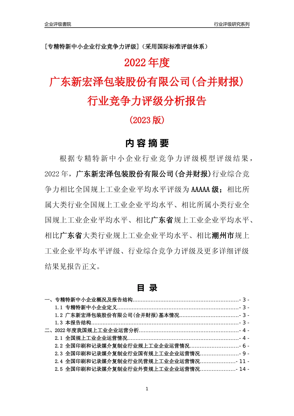 [专精特新]广东新宏泽包装股份有限公司(合并财报)行业竞争力评级分析报告(2023版)_第1页