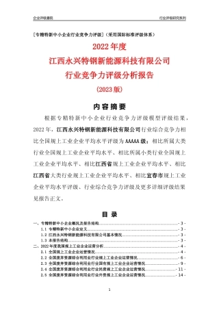 [专精特新]江西永兴特钢新能源科技有限公司行业竞争力评级分析报告(2023版)