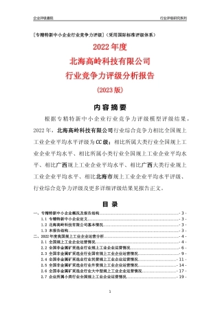 [专精特新]北海高岭科技有限公司行业竞争力评级分析报告(2023版)