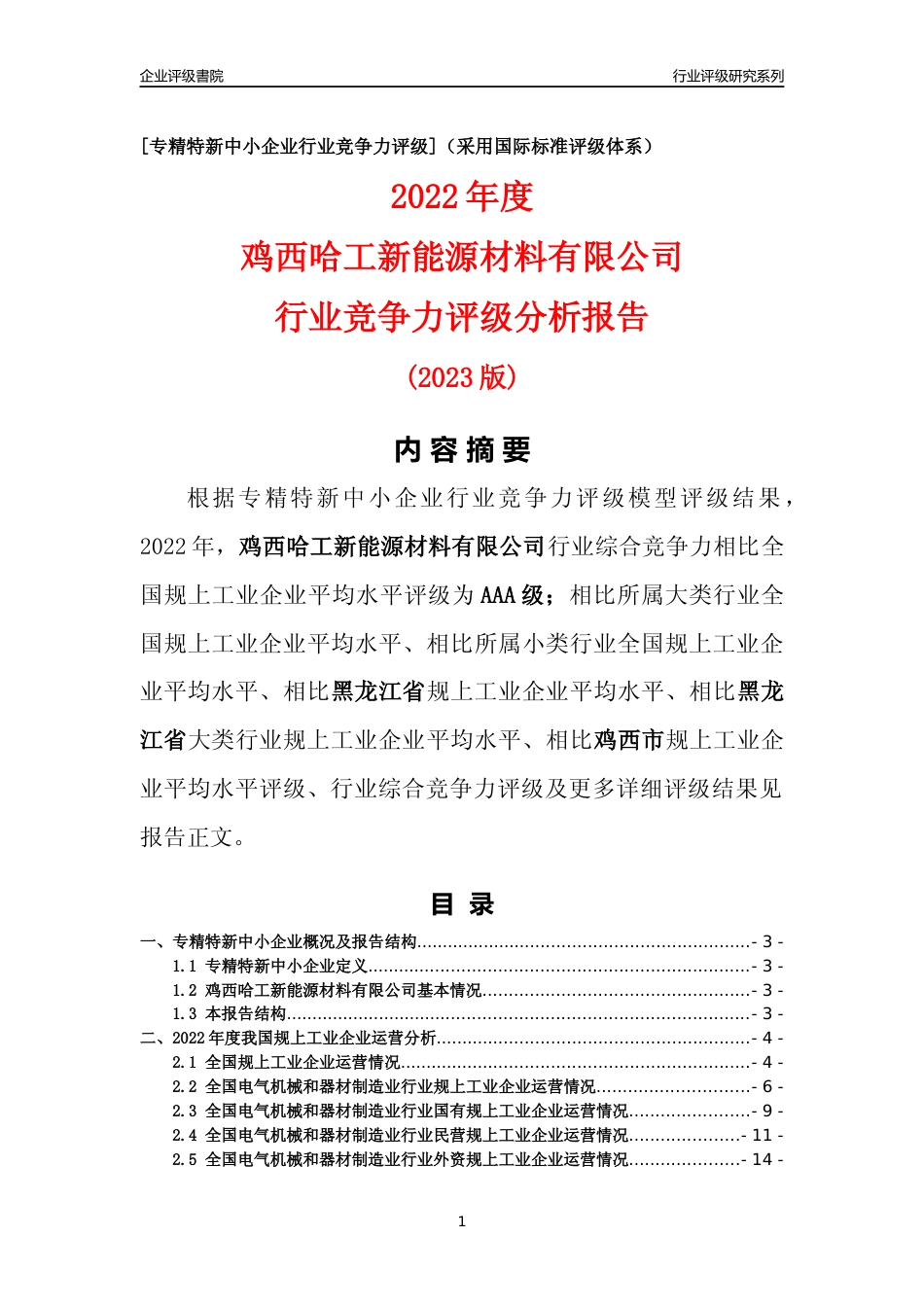 [专精特新]鸡西哈工新能源材料有限公司行业竞争力评级分析报告(2023版)_第1页