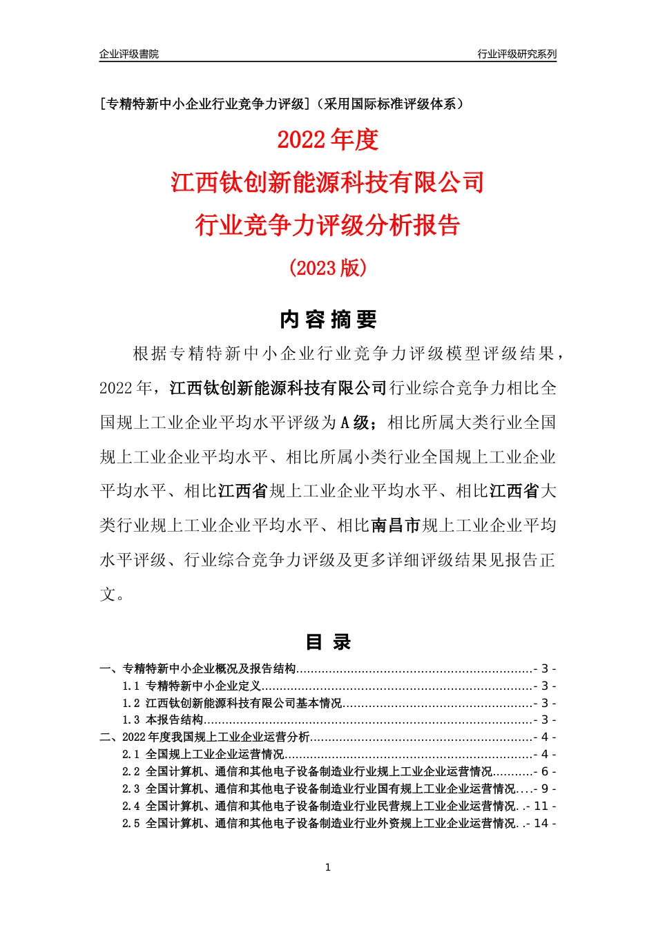 [专精特新]江西钛创新能源科技有限公司行业竞争力评级分析报告(2023版)_第1页