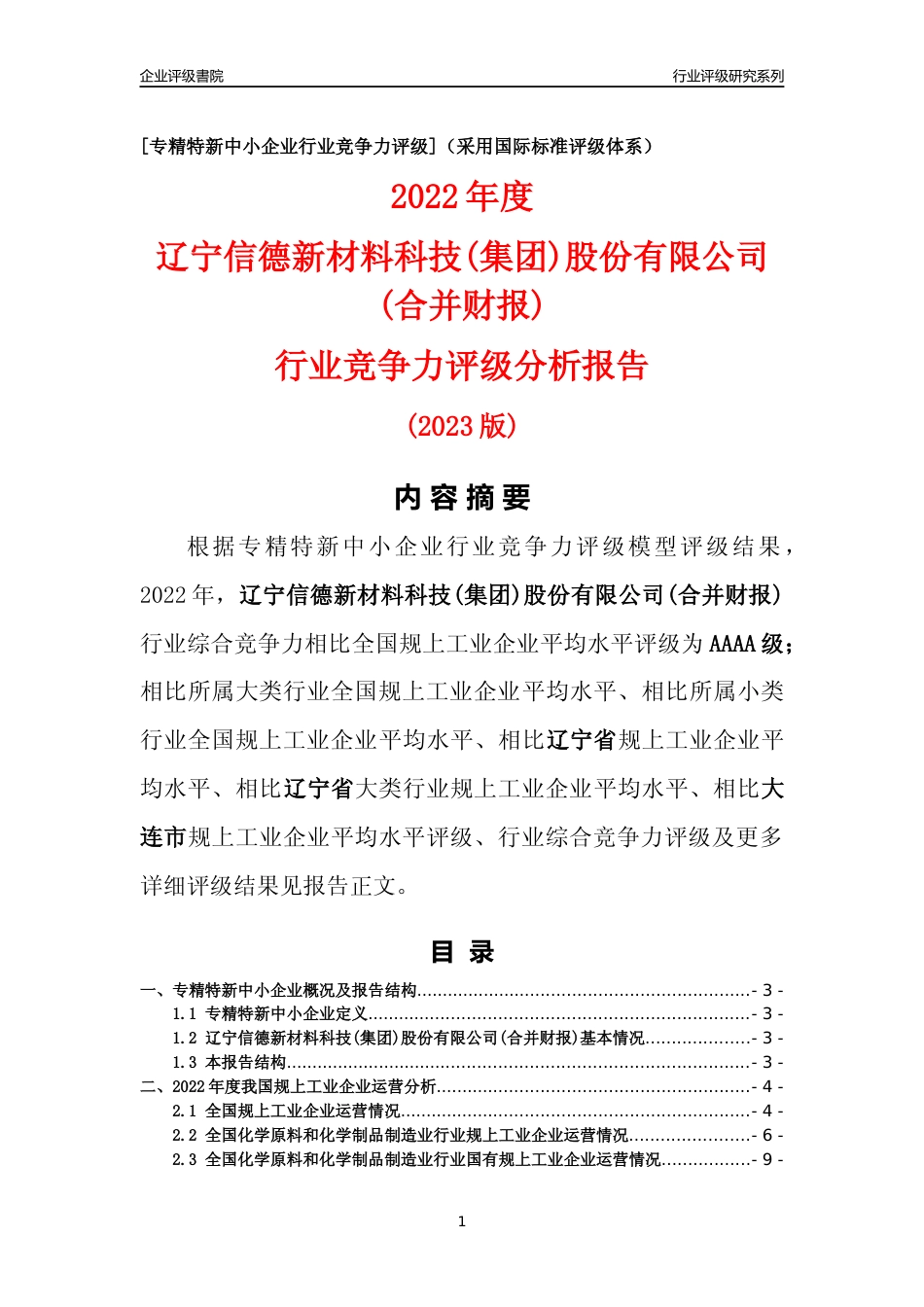 [专精特新]辽宁信德新材料科技(集团)股份有限公司(合并财报)行业竞争力评级分析报告(2023版)_第1页
