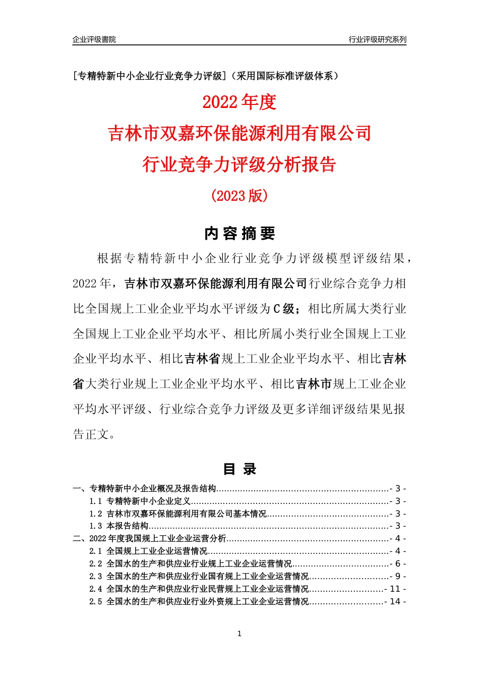 [专精特新]吉林市双嘉环保能源利用有限公司行业竞争力评级分析报告(2023版)_第1页