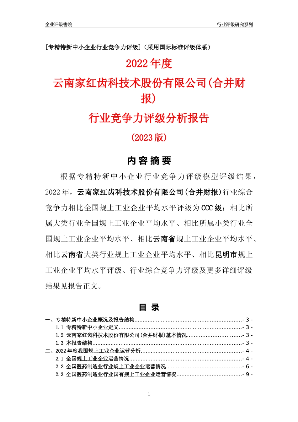 [专精特新]云南家红齿科技术股份有限公司(合并财报)行业竞争力评级分析报告(2023版)_第1页