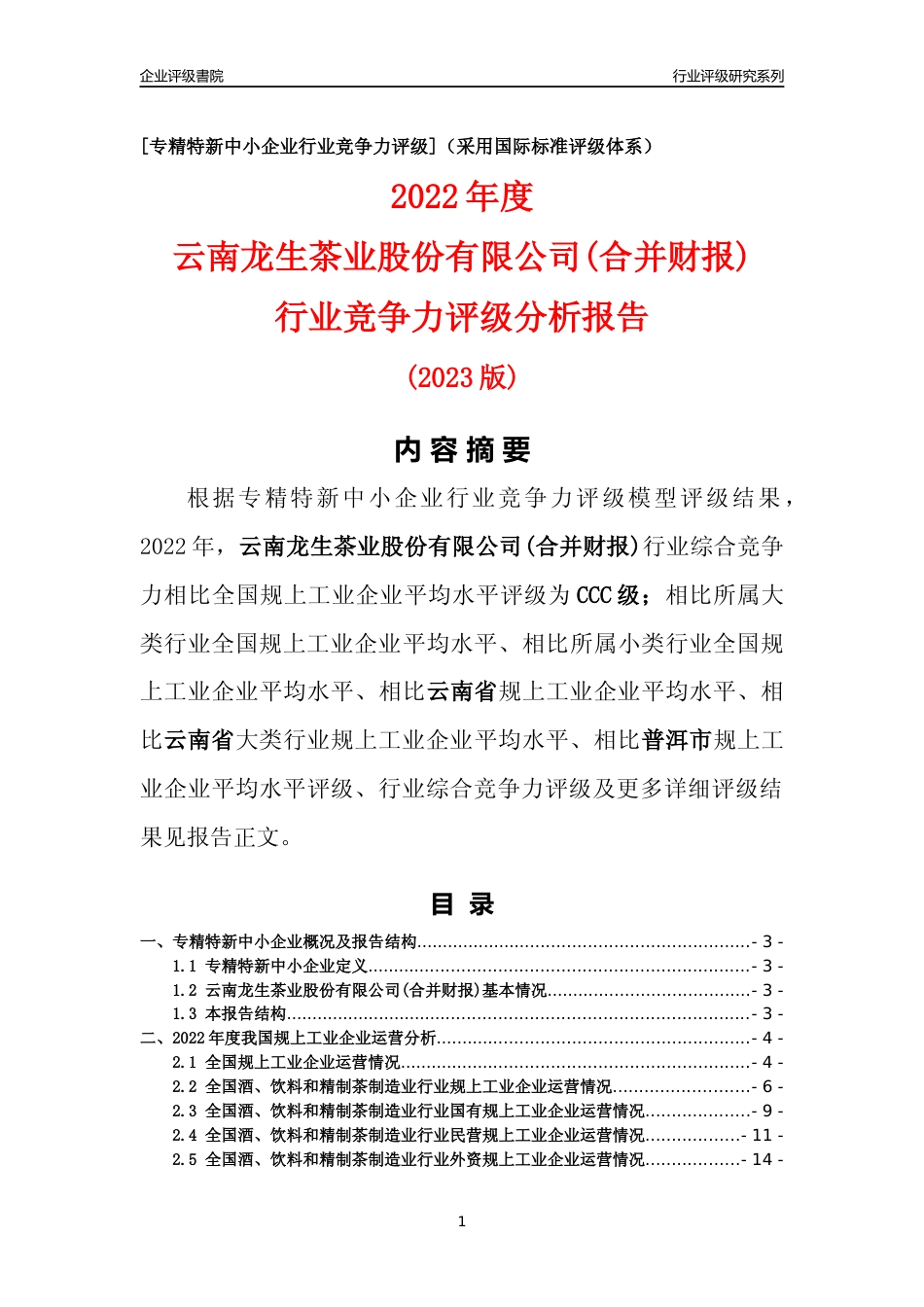 [专精特新]云南龙生茶业股份有限公司(合并财报)行业竞争力评级分析报告(2023版)_第1页