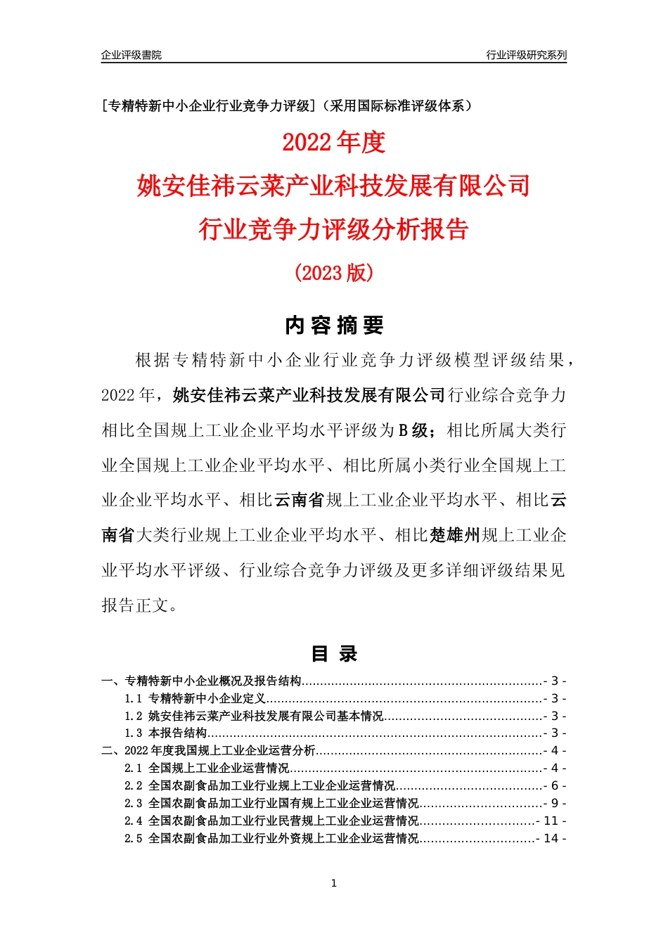 [专精特新]姚安佳祎云菜产业科技发展有限公司行业竞争力评级分析报告(2023版)_第1页