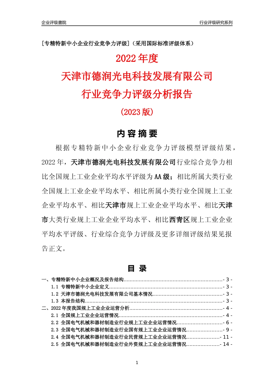 [专精特新]天津市德润光电科技发展有限公司行业竞争力评级分析报告(2023版)_第1页