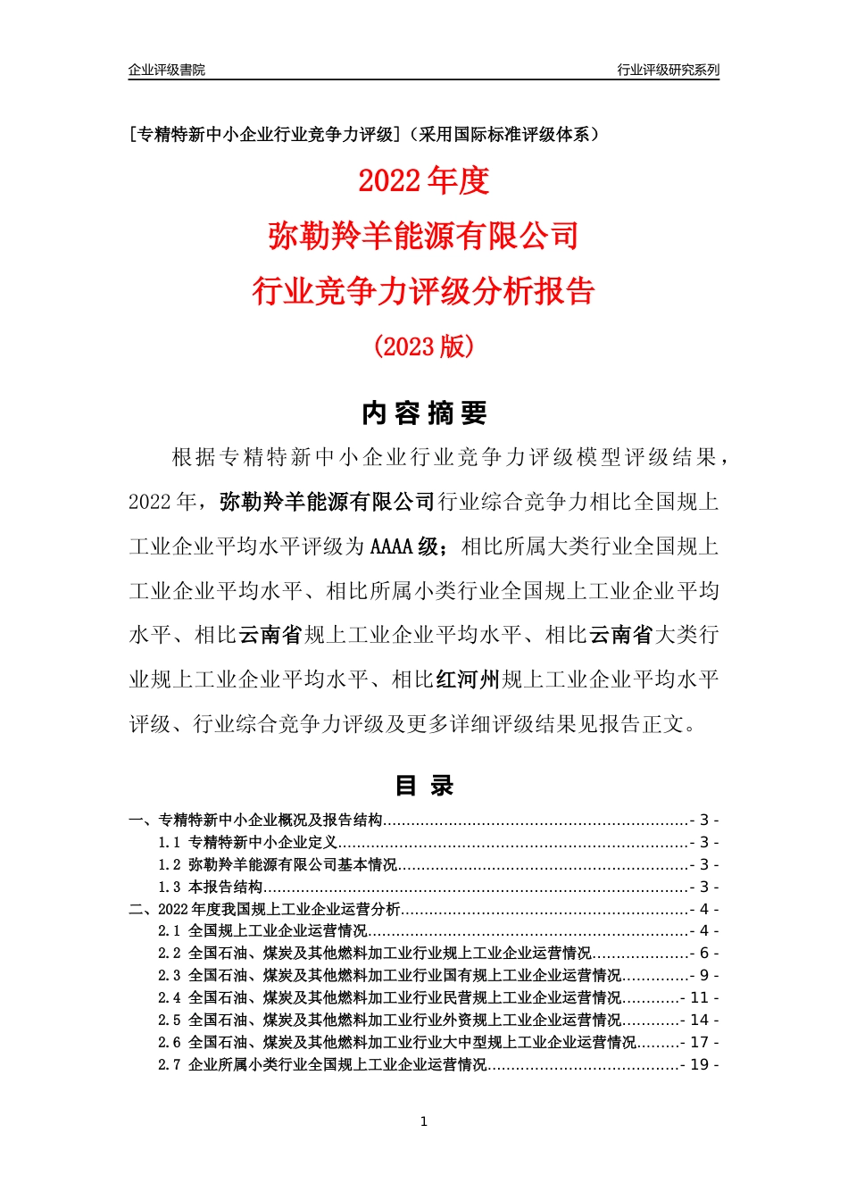 [专精特新]弥勒羚羊能源有限公司行业竞争力评级分析报告(2023版)_第1页