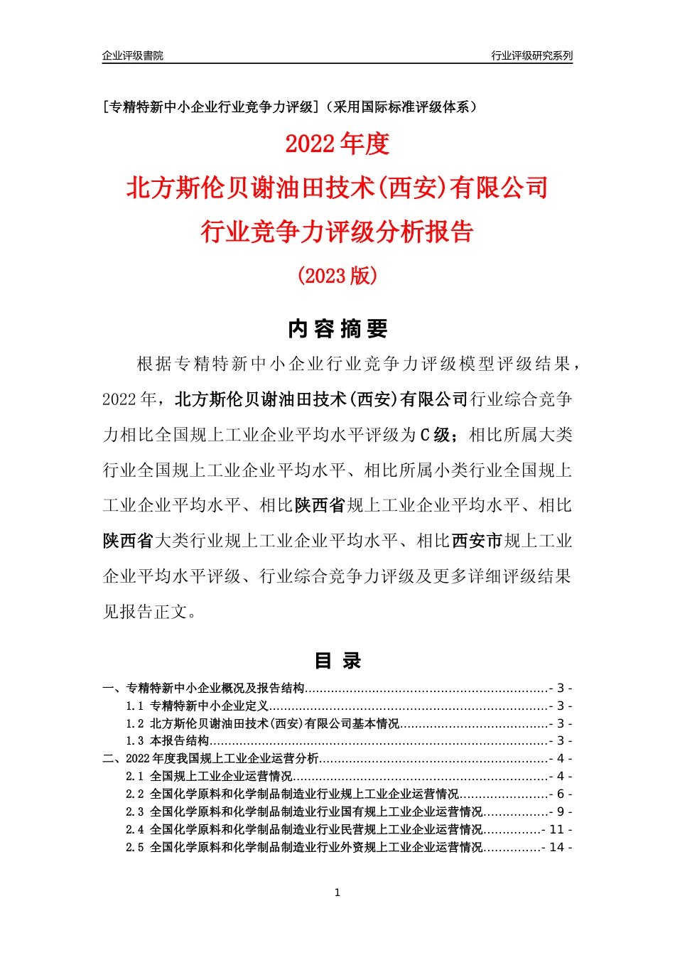 [专精特新]北方斯伦贝谢油田技术(西安)有限公司行业竞争力评级分析报告(2023版)_第1页