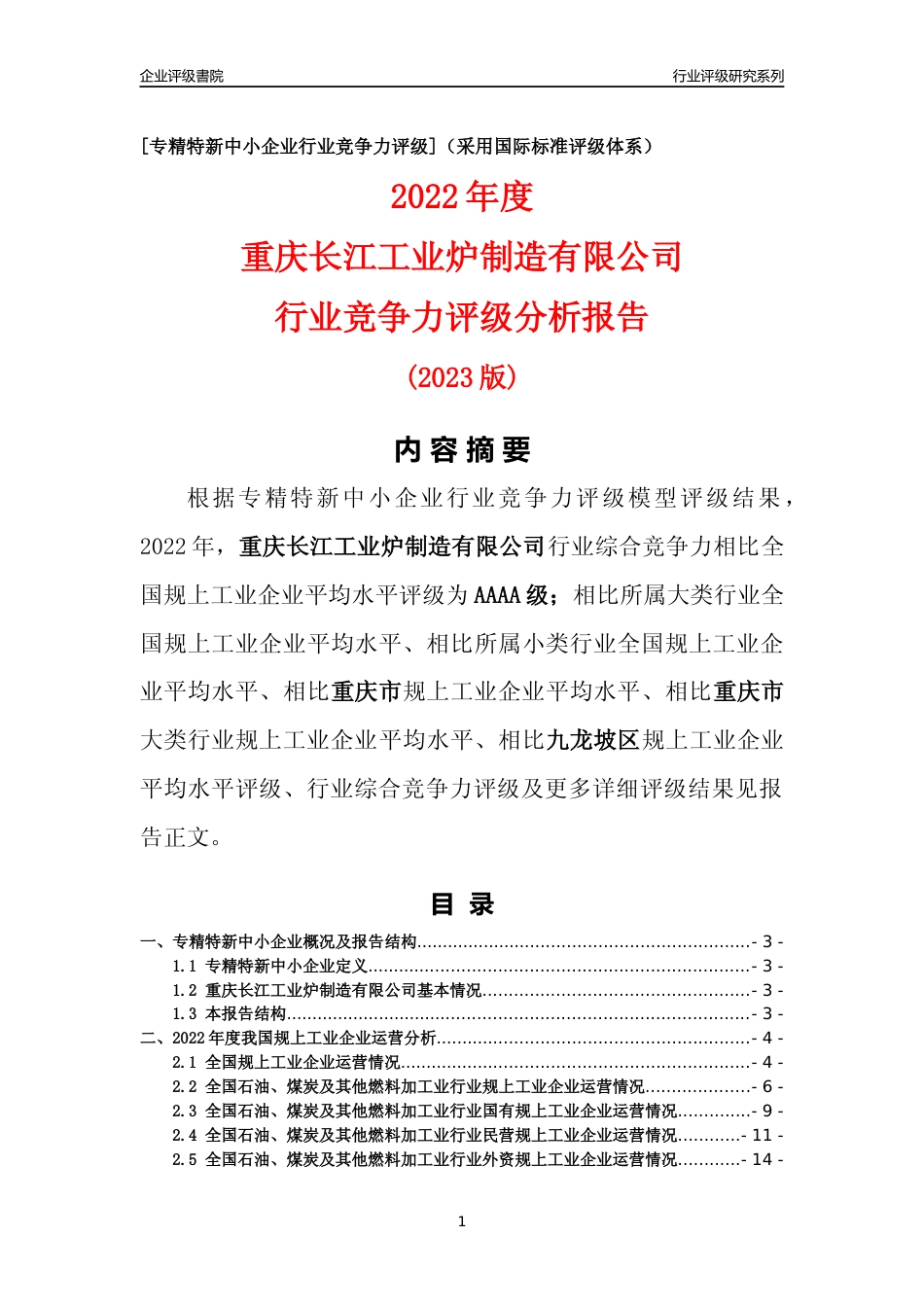 [专精特新]重庆长江工业炉制造有限公司行业竞争力评级分析报告(2023版)_第1页