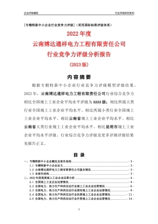 [专精特新]云南博达通祥电力工程有限责任公司行业竞争力评级分析报告(2023版)