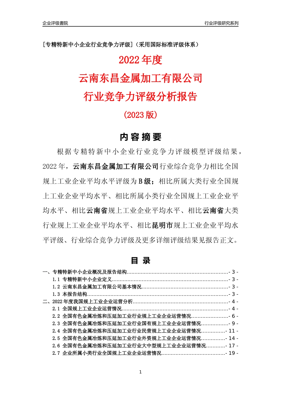 [专精特新]云南东昌金属加工有限公司行业竞争力评级分析报告(2023版)_第1页