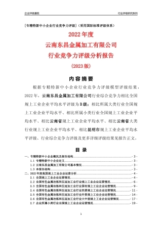 [专精特新]云南东昌金属加工有限公司行业竞争力评级分析报告(2023版)