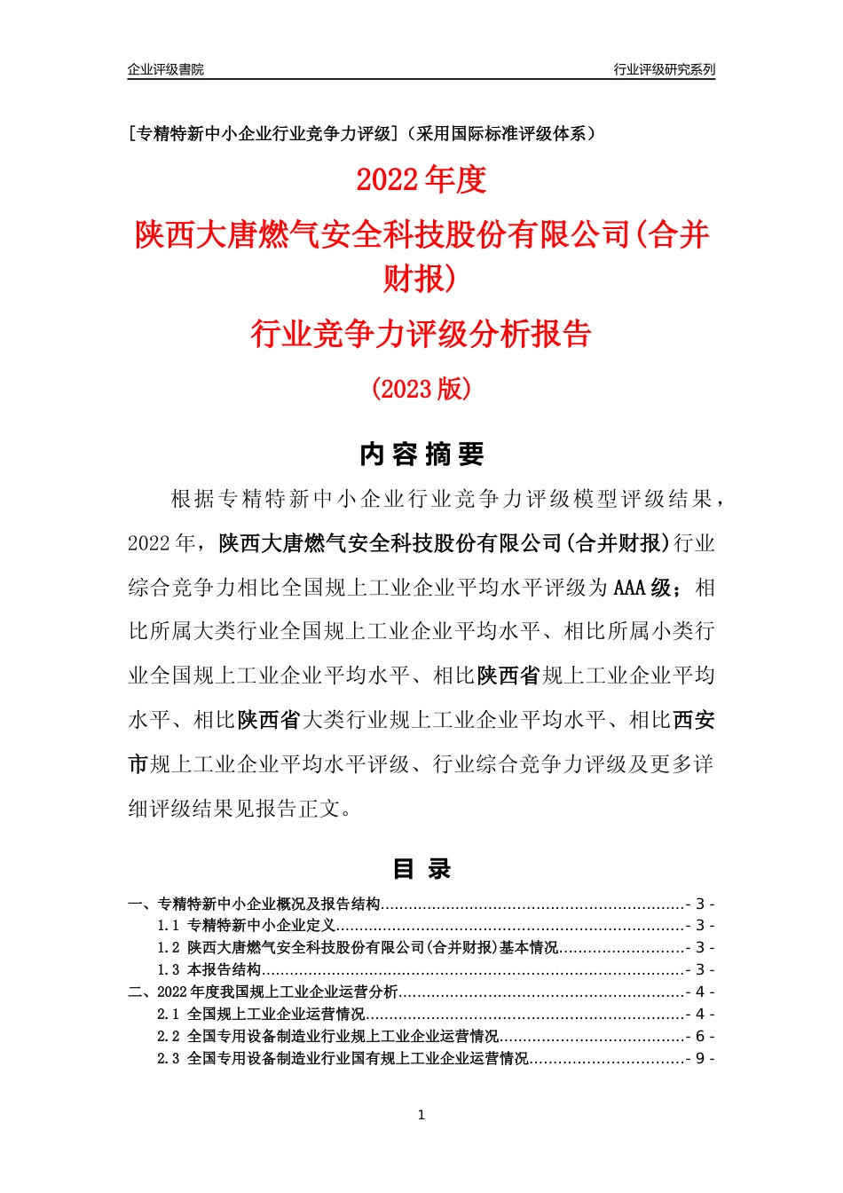 [专精特新]陕西大唐燃气安全科技股份有限公司(合并财报)行业竞争力评级分析报告(2023版)_第1页