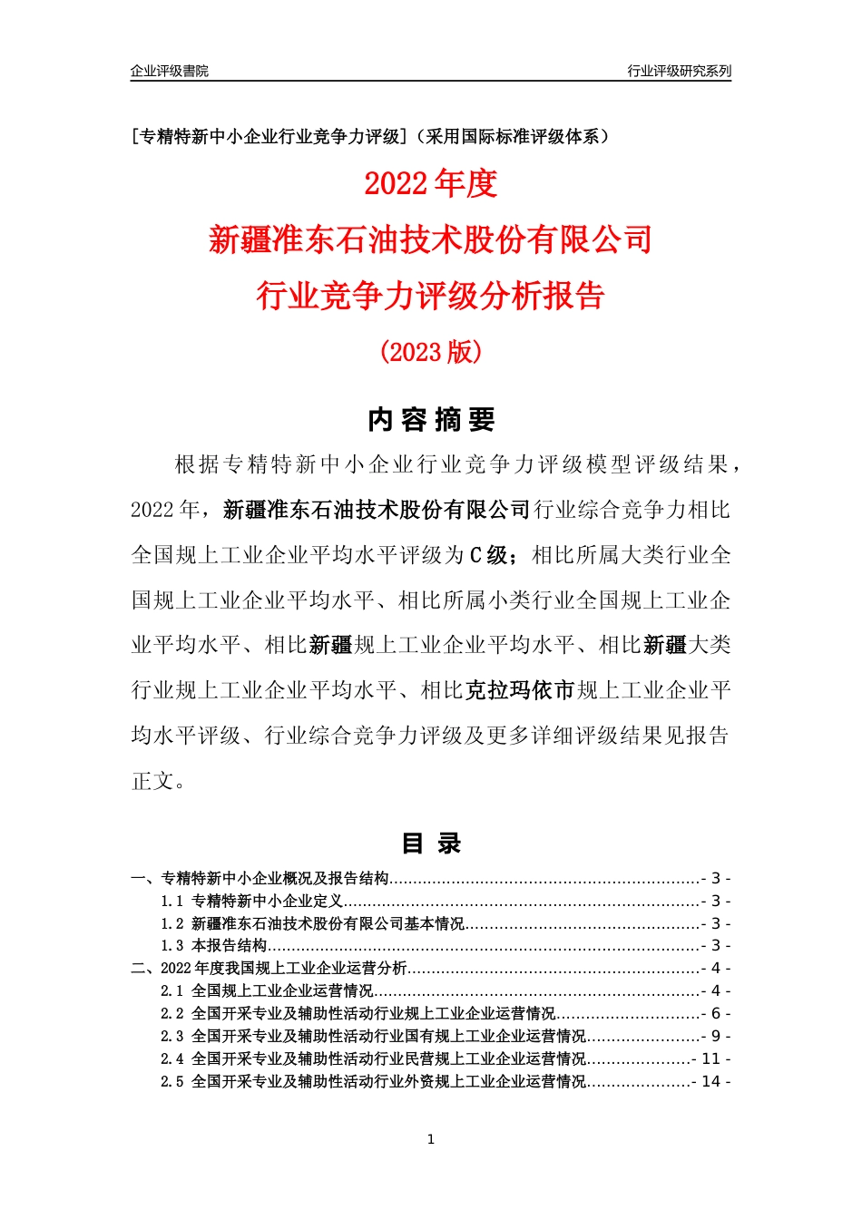 [专精特新]新疆准东石油技术股份有限公司行业竞争力评级分析报告(2023版)_第1页