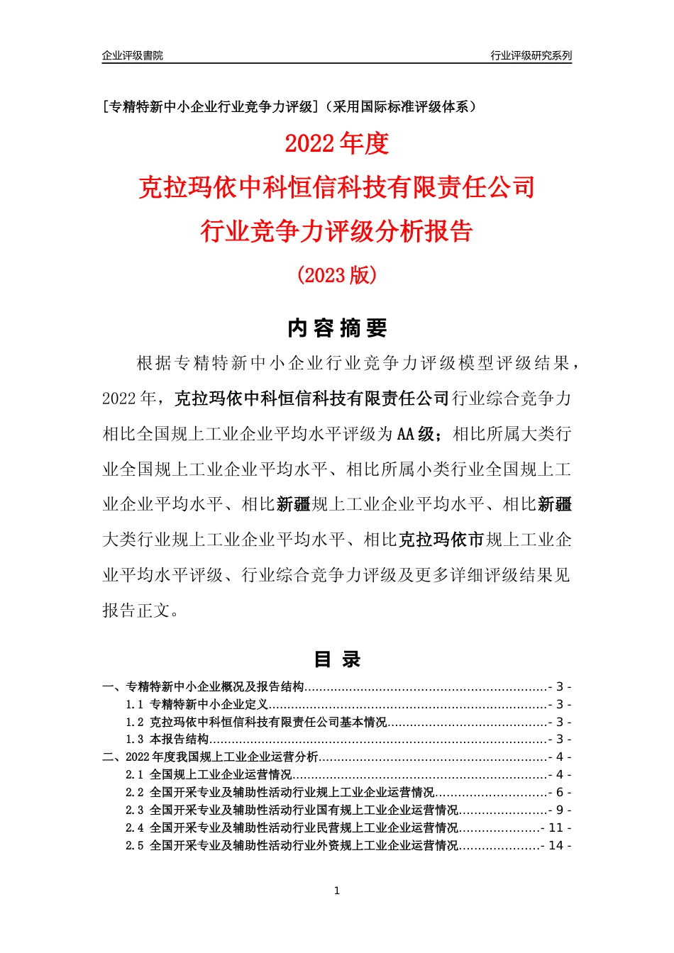 [专精特新]克拉玛依中科恒信科技有限责任公司行业竞争力评级分析报告(2023版)_第1页