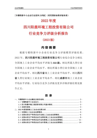 [专精特新]四川阳晨环境工程投资有限公司行业竞争力评级分析报告(2023版)