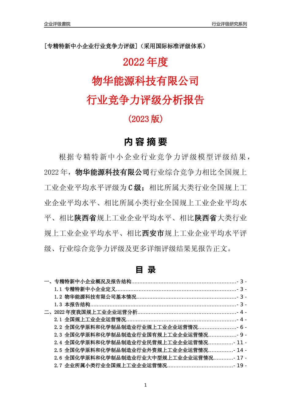 [专精特新]物华能源科技有限公司行业竞争力评级分析报告(2023版)_第1页
