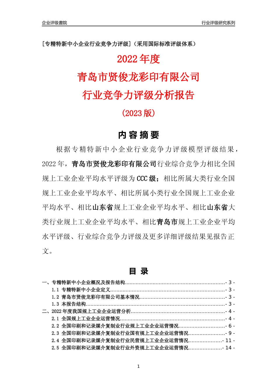 [专精特新]青岛市贤俊龙彩印有限公司行业竞争力评级分析报告(2023版)_第1页