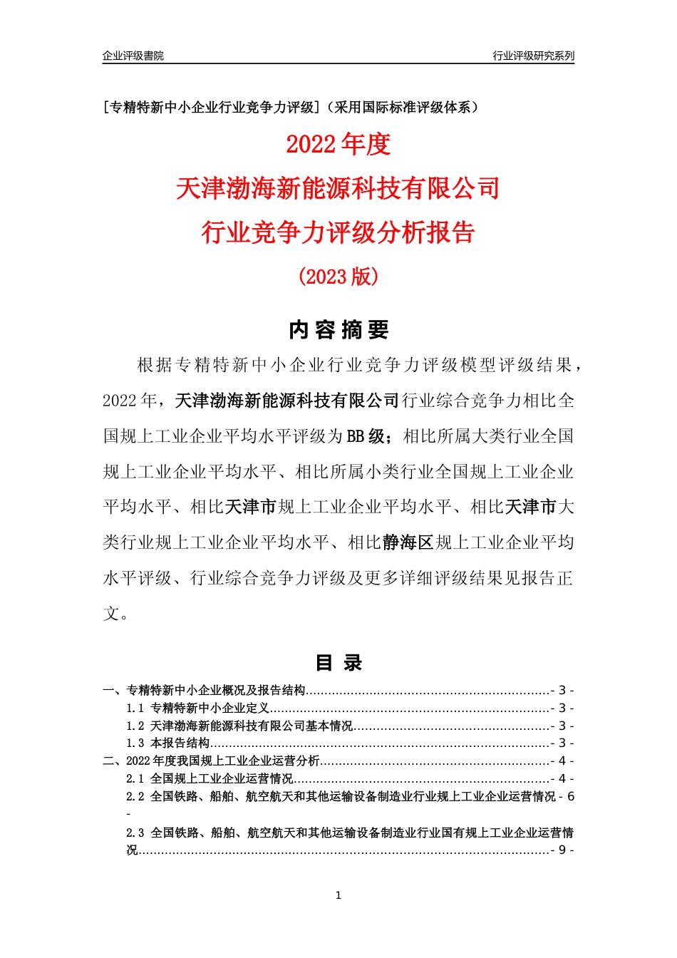 [专精特新]天津渤海新能源科技有限公司行业竞争力评级分析报告(2023版)_第1页