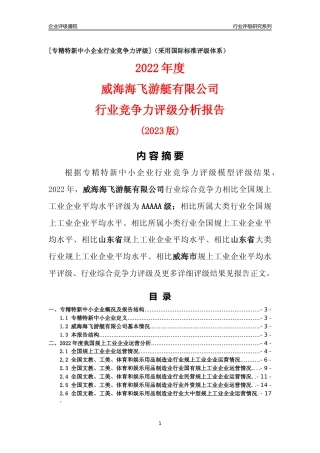 [专精特新]威海海飞游艇有限公司行业竞争力评级分析报告(2023版)