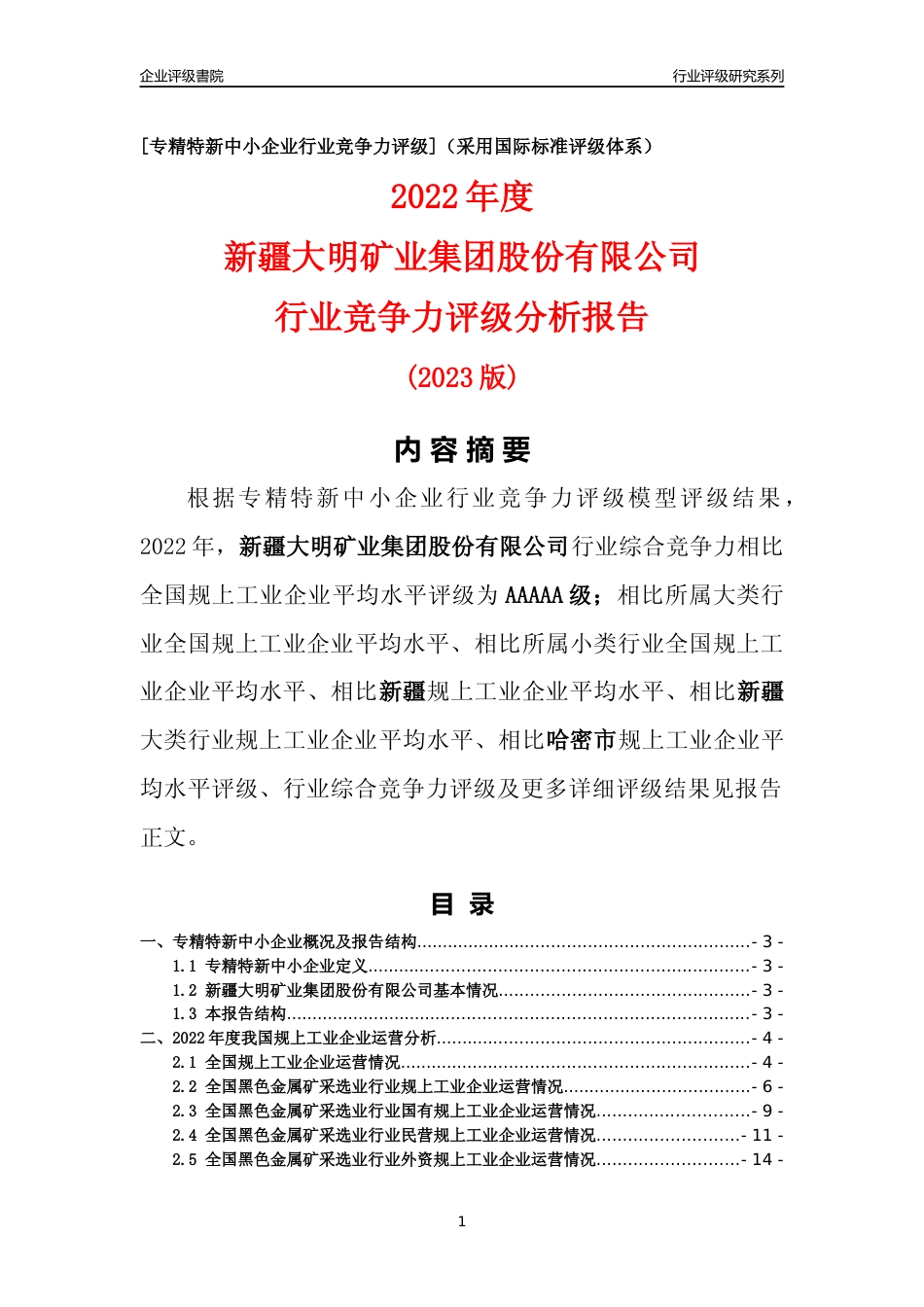 [专精特新]新疆大明矿业集团股份有限公司行业竞争力评级分析报告(2023版)_第1页