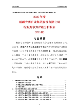 [专精特新]新疆大明矿业集团股份有限公司行业竞争力评级分析报告(2023版)