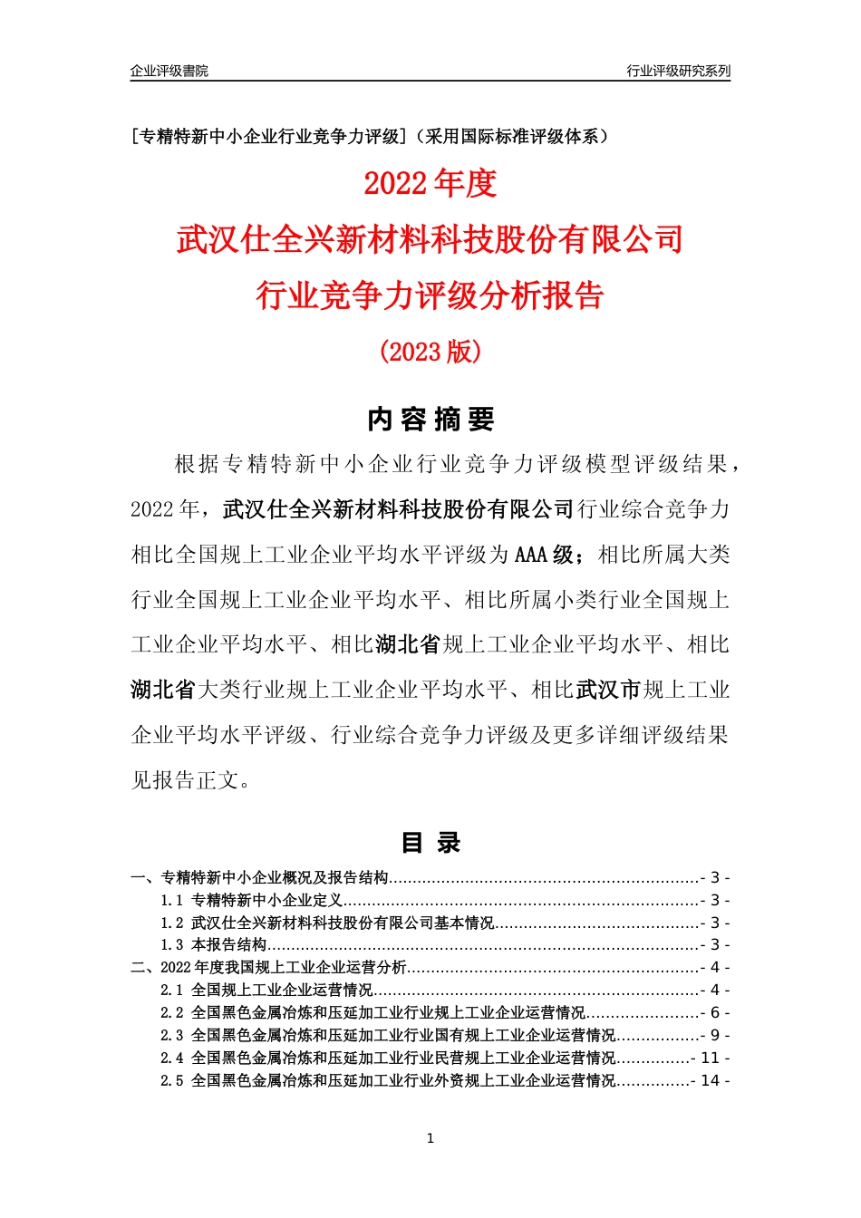 [专精特新]武汉仕全兴新材料科技股份有限公司行业竞争力评级分析报告(2023版)_第1页