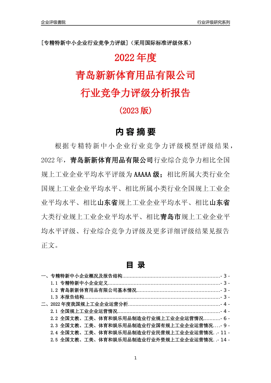 [专精特新]青岛新新体育用品有限公司行业竞争力评级分析报告(2023版)_第1页