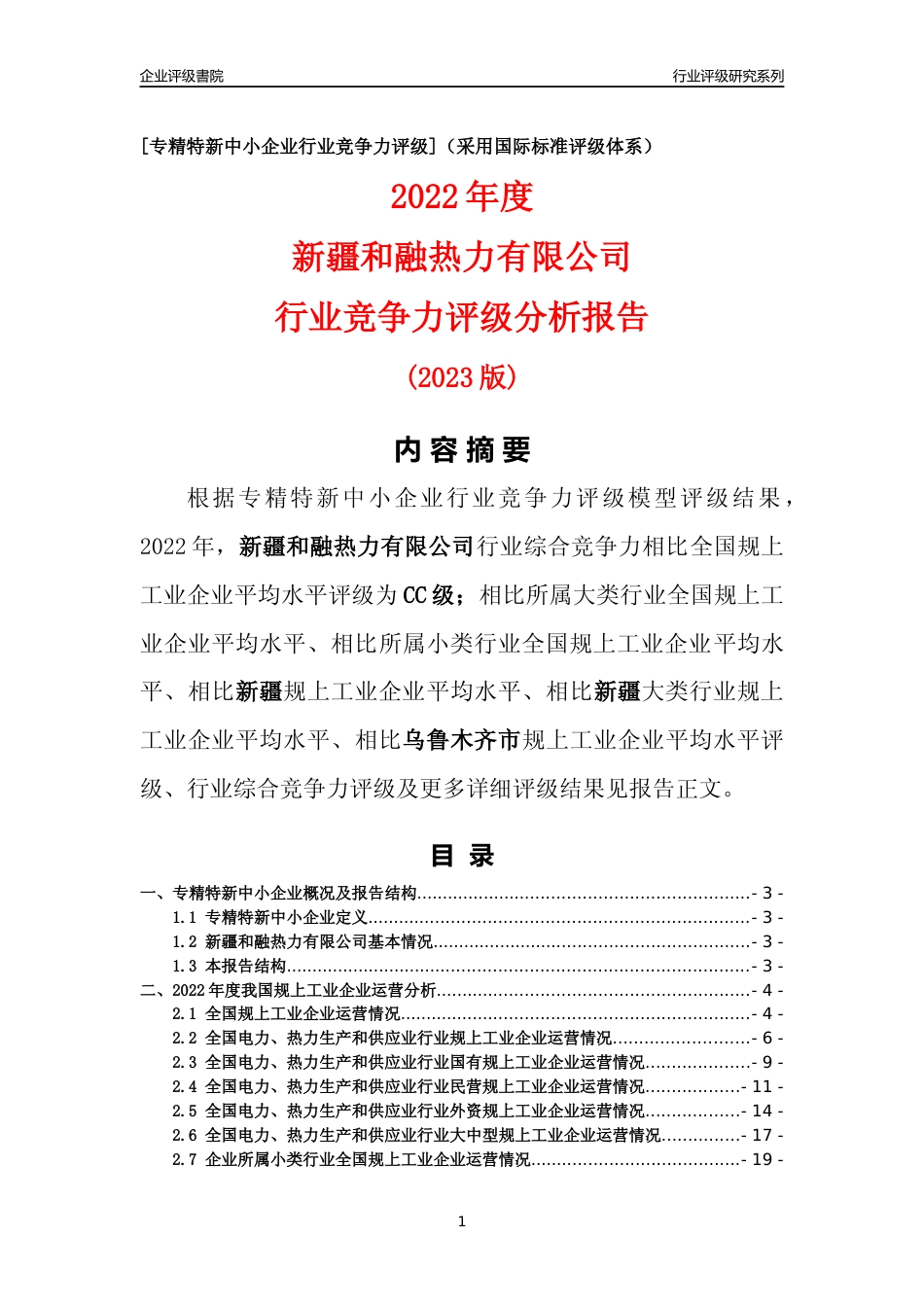 [专精特新]新疆和融热力有限公司行业竞争力评级分析报告(2023版)_第1页