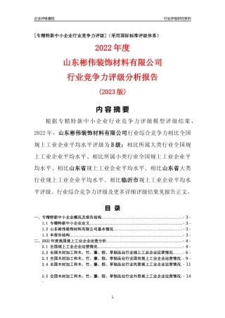 [专精特新]山东彬伟装饰材料有限公司行业竞争力评级分析报告(2023版)