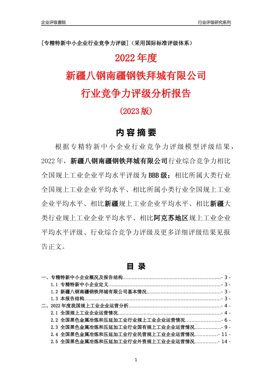 [专精特新]新疆八钢南疆钢铁拜城有限公司行业竞争力评级分析报告(2023版)_第1页