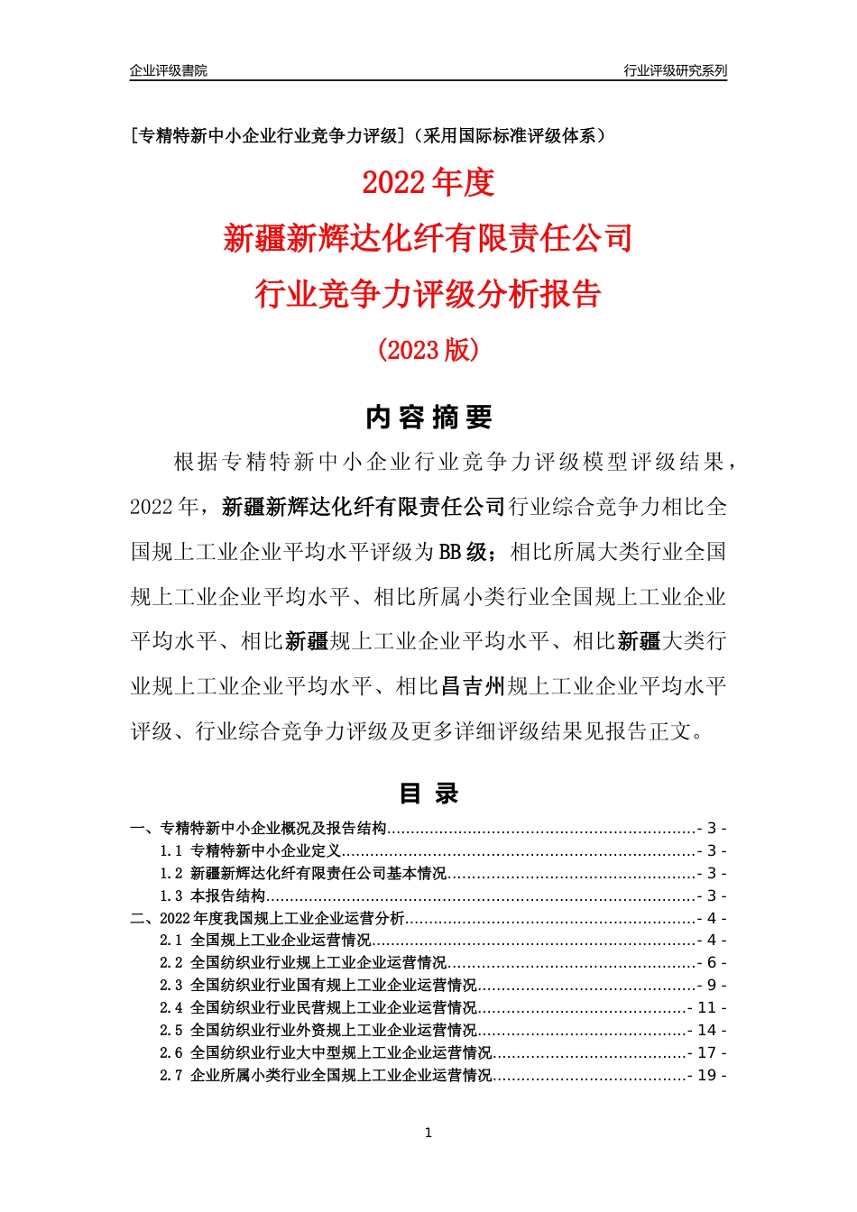 [专精特新]新疆新辉达化纤有限责任公司行业竞争力评级分析报告(2023版)_第1页