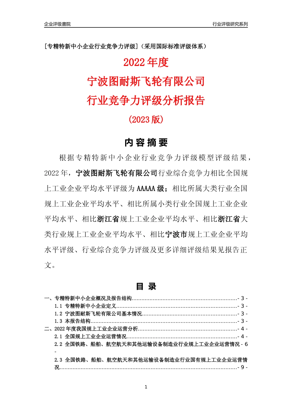 [专精特新]宁波图耐斯飞轮有限公司行业竞争力评级分析报告(2023版)_第1页