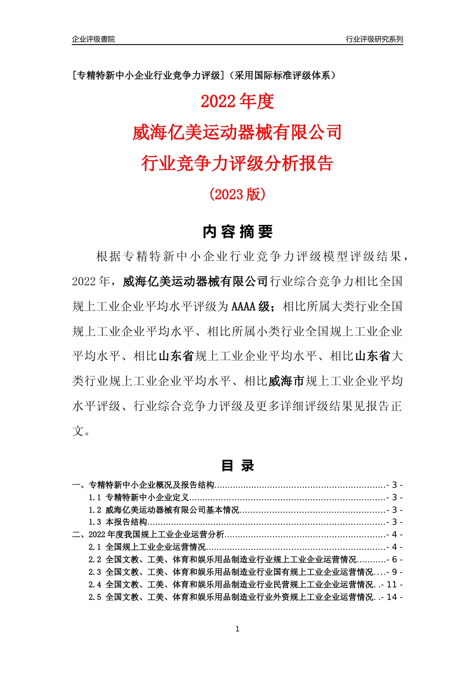 [专精特新]威海亿美运动器械有限公司行业竞争力评级分析报告(2023版)_第1页