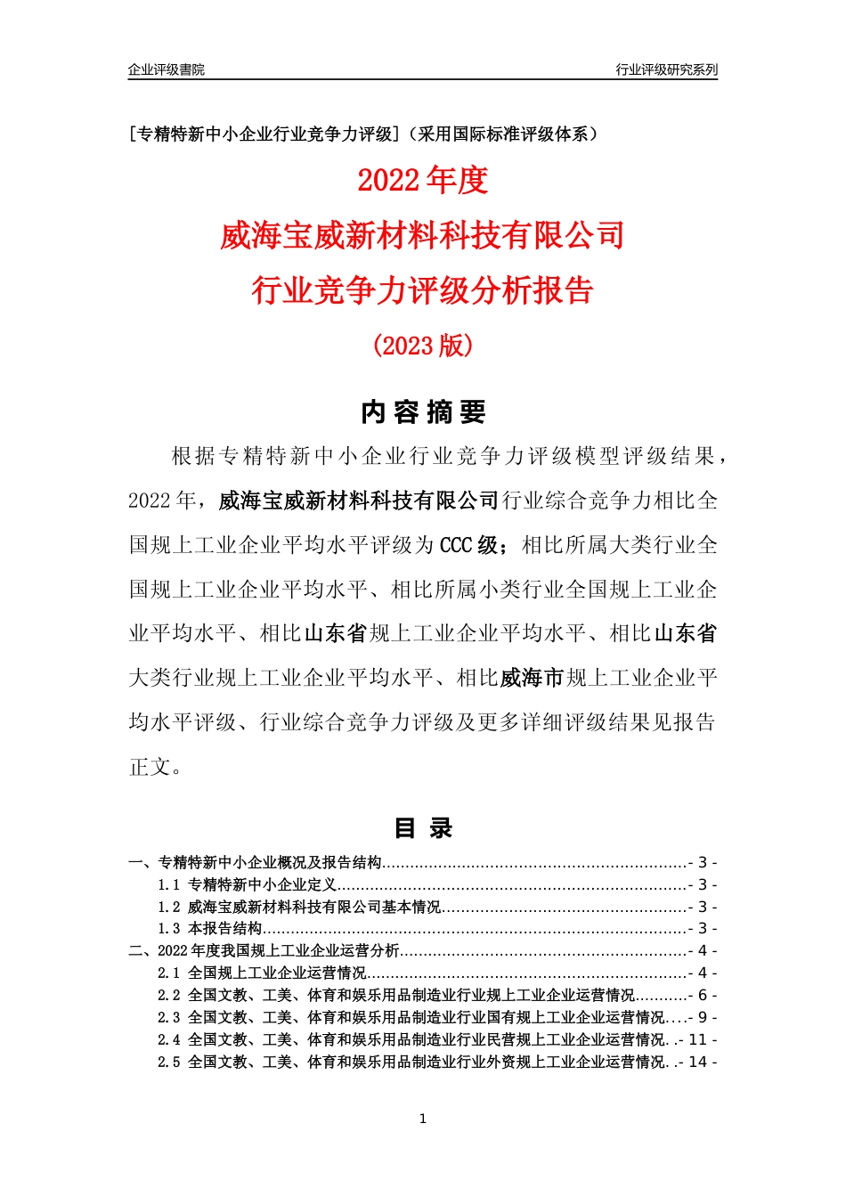 [专精特新]威海宝威新材料科技有限公司行业竞争力评级分析报告(2023版)_第1页