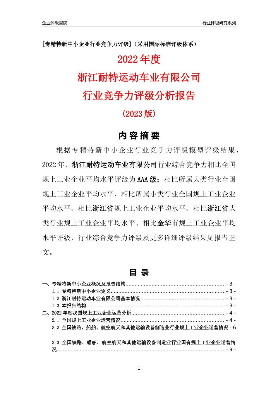 [专精特新]浙江耐特运动车业有限公司行业竞争力评级分析报告(2023版)_第1页