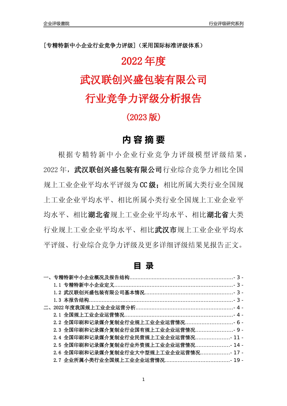 [专精特新]武汉联创兴盛包装有限公司行业竞争力评级分析报告(2023版)_第1页