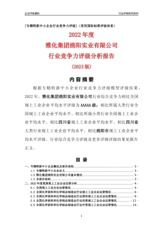 [专精特新]雅化集团绵阳实业有限公司行业竞争力评级分析报告(2023版)