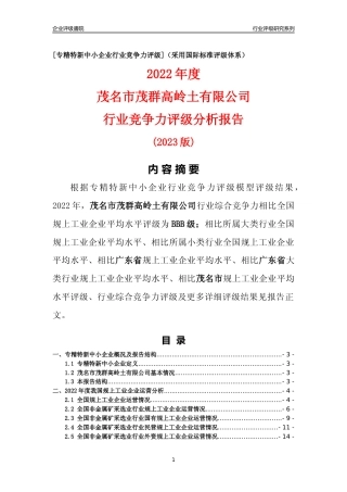 [专精特新]茂名市茂群高岭土有限公司行业竞争力评级分析报告(2023版)