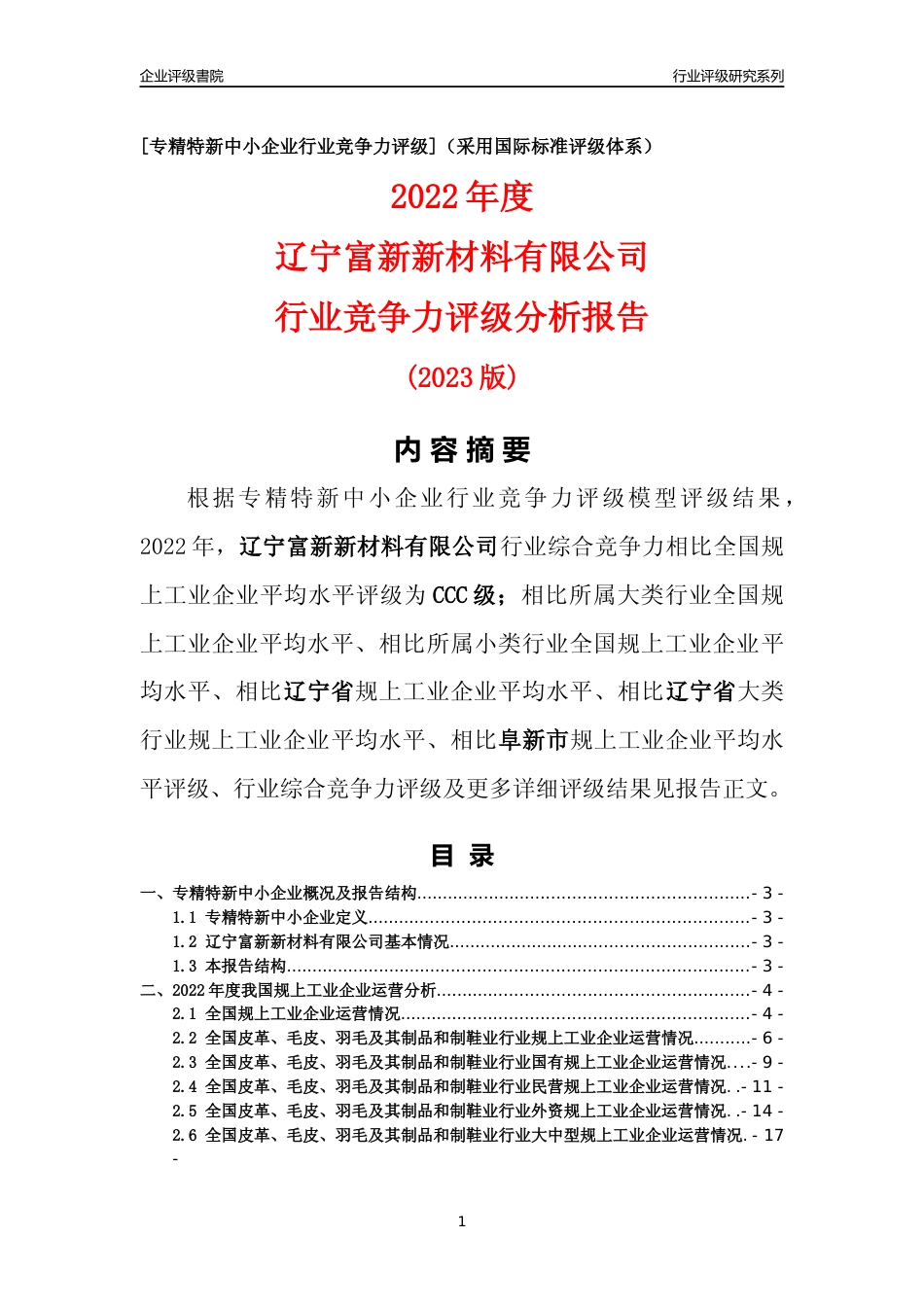 [专精特新]辽宁富新新材料有限公司行业竞争力评级分析报告(2023版)_第1页