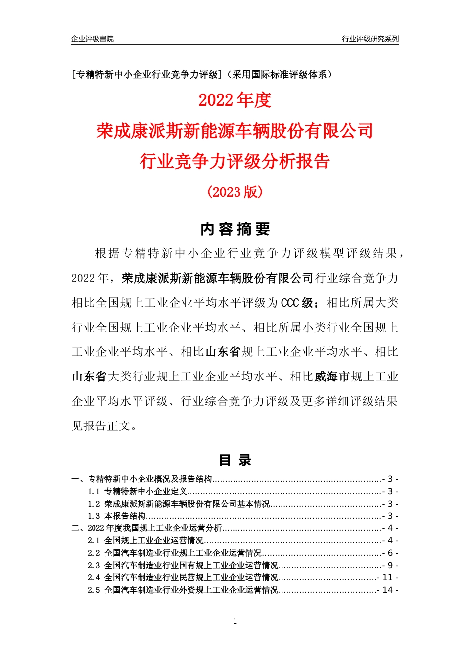 [专精特新]荣成康派斯新能源车辆股份有限公司行业竞争力评级分析报告(2023版)_第1页