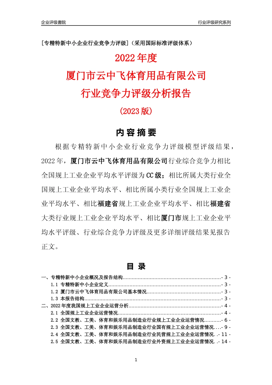 [专精特新]厦门市云中飞体育用品有限公司行业竞争力评级分析报告(2023版)_第1页