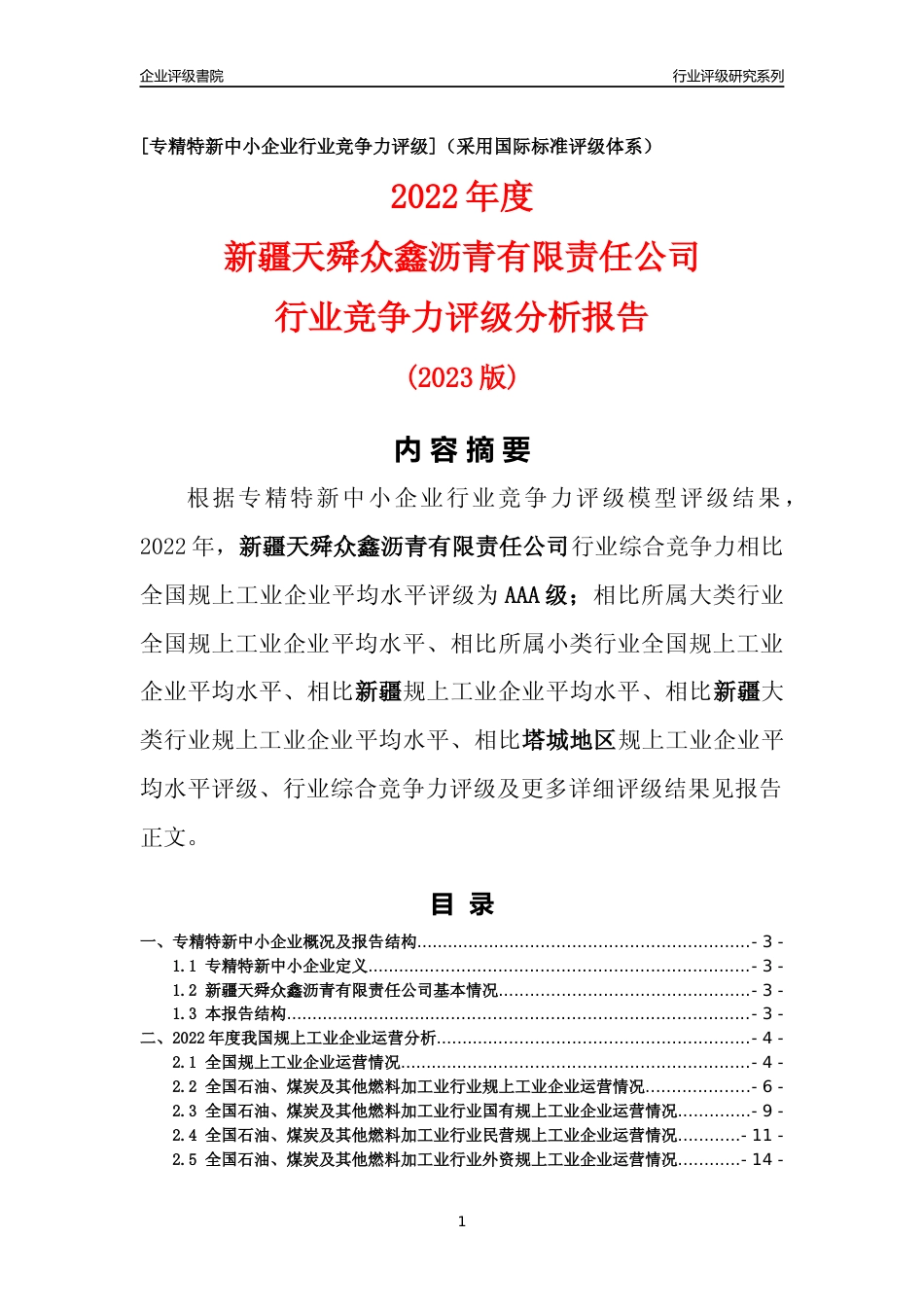 [专精特新]新疆天舜众鑫沥青有限责任公司行业竞争力评级分析报告(2023版)_第1页