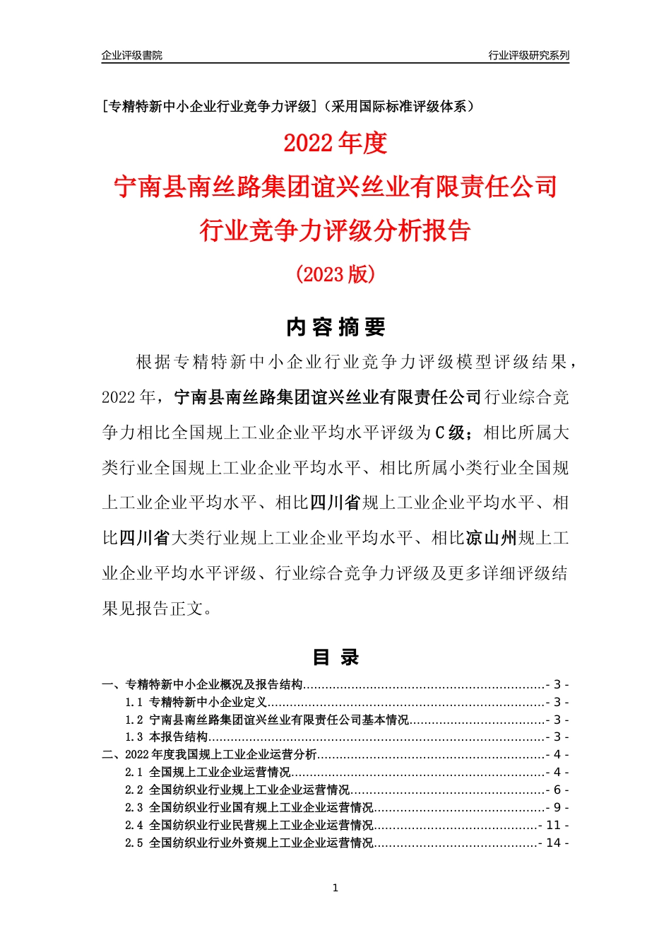 [专精特新]宁南县南丝路集团谊兴丝业有限责任公司行业竞争力评级分析报告(2023版)_第1页