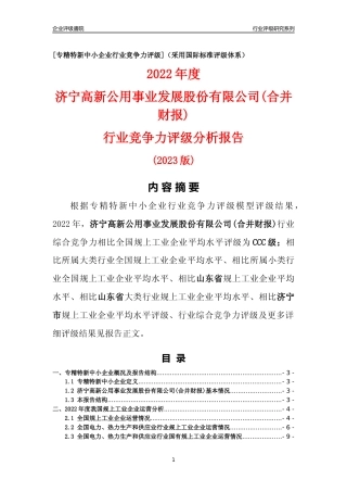 [专精特新]济宁高新公用事业发展股份有限公司(合并财报)行业竞争力评级分析报告(2023版)