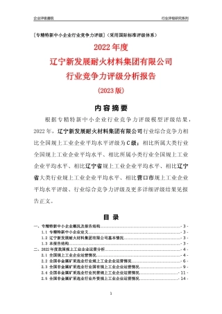 [专精特新]辽宁新发展耐火材料集团有限公司行业竞争力评级分析报告(2023版)