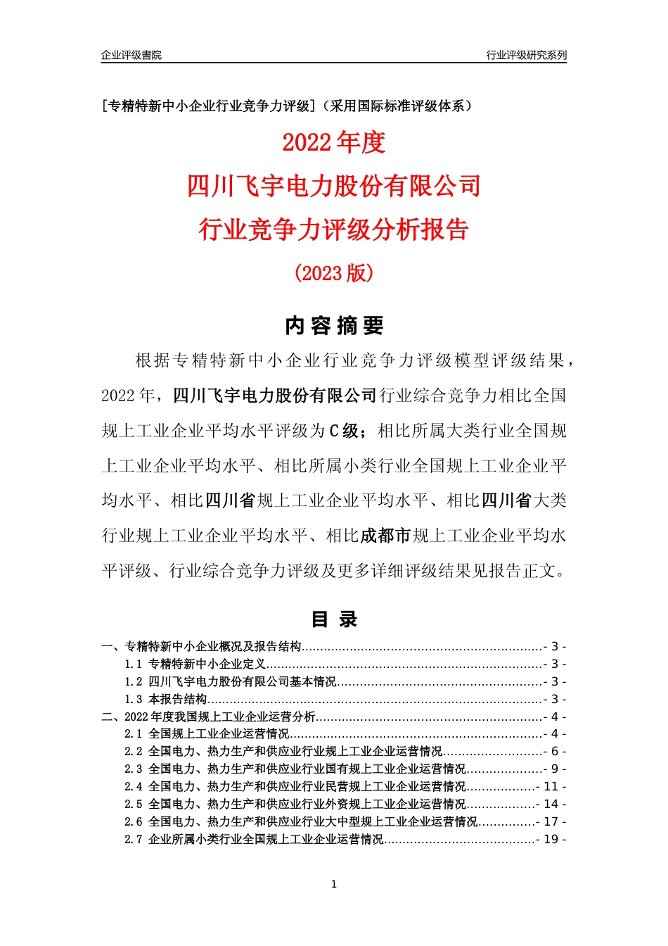 [专精特新]四川飞宇电力股份有限公司行业竞争力评级分析报告(2023版)_第1页